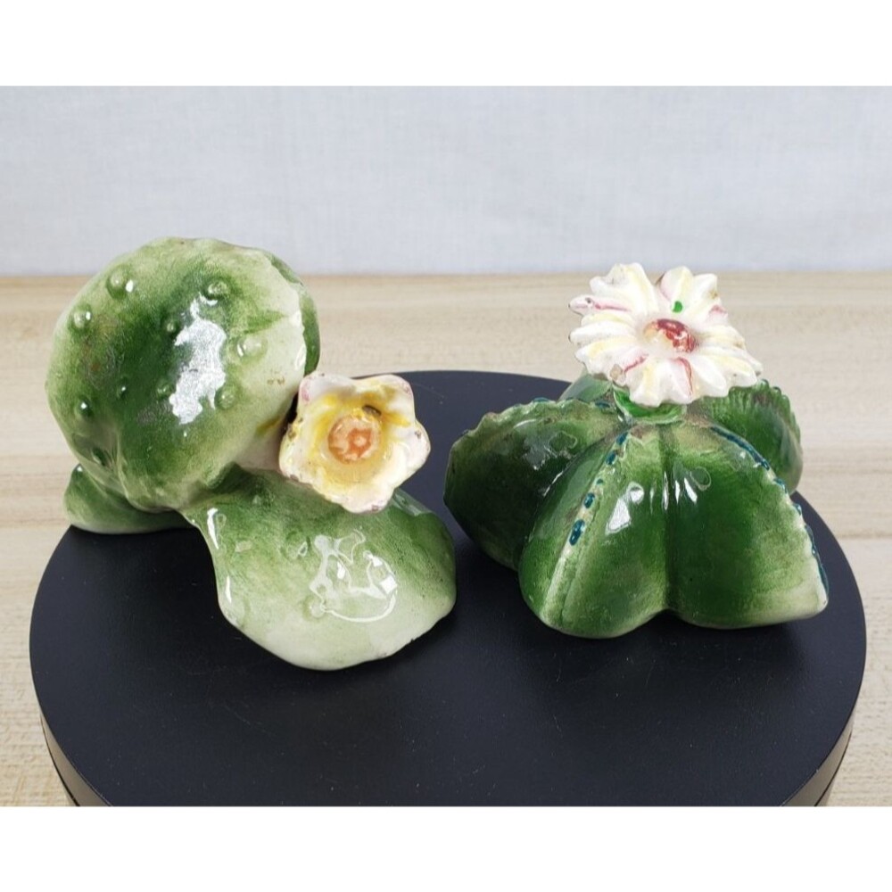 Vintage Cactus with Flower Salt Pepper Shaker Set Marked Japan Wooden Stoppers